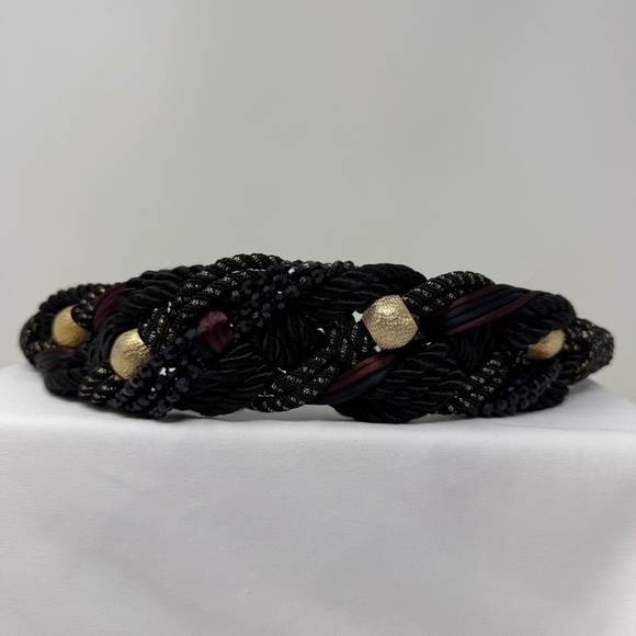 Vintage Braided Rope Belt Black Gold Beaded Statement Belt Boho